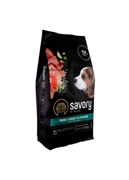 Сухий корм Puppy для цуценят усіх порід, зі свіжою індичкою і куркою, 12 кг Savory (349823072)