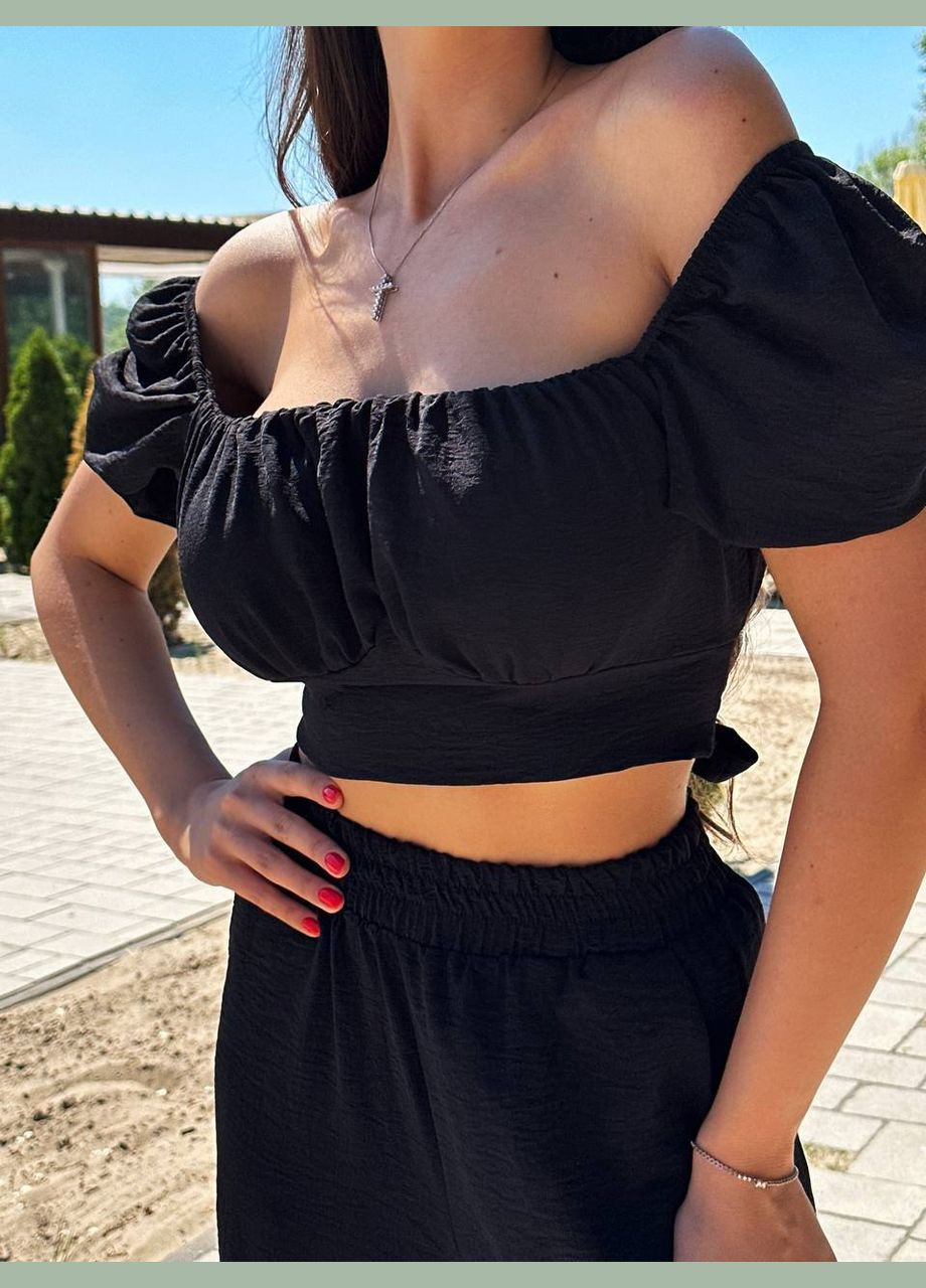 Чорний костюм двійка (топ+штани) з креп-жатки з відкритим декольте, літній легкий костюм 2-ка з відкритими плечима No Brand 200 (299762992)