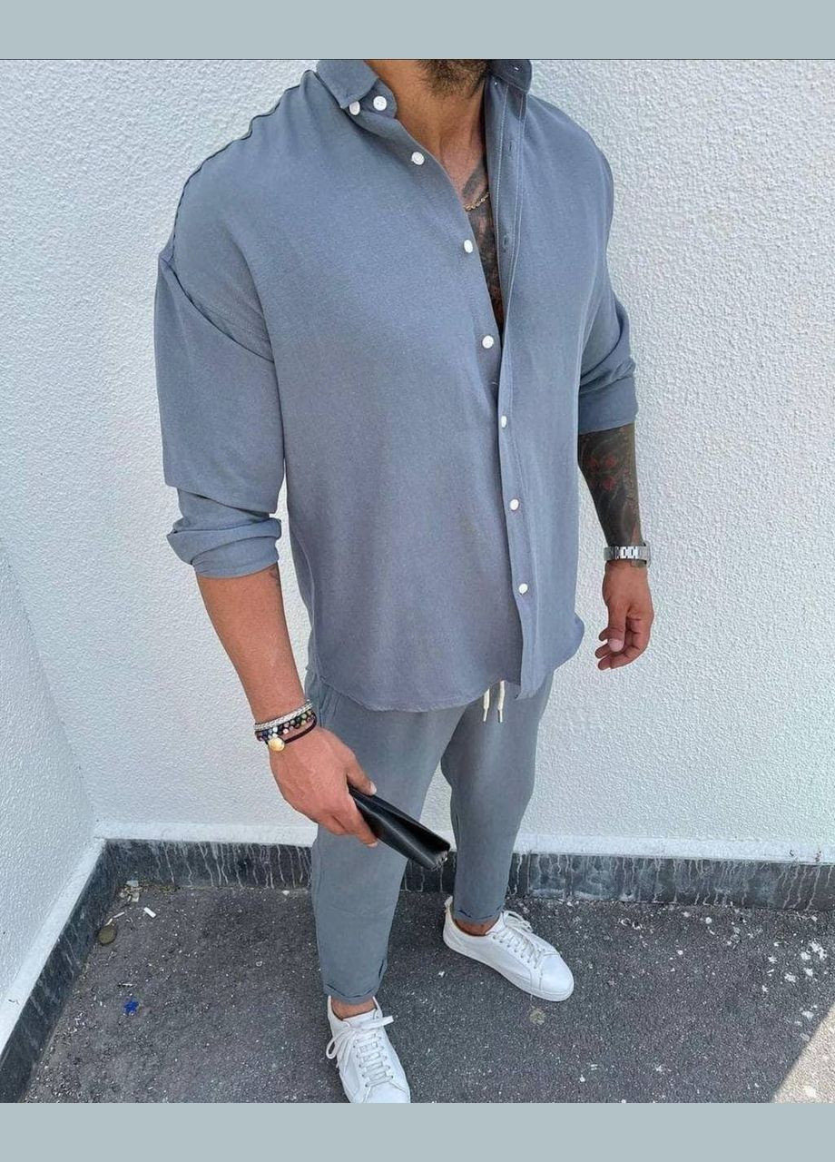 Серый льняной костюм (рубашка+штаны) Fashion