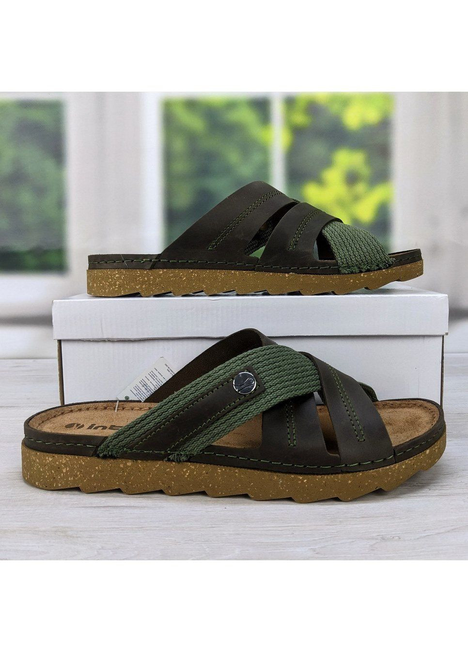 Коричневые повседневные шлепанцы мужские коричневые с оливковым кожаные Inblu