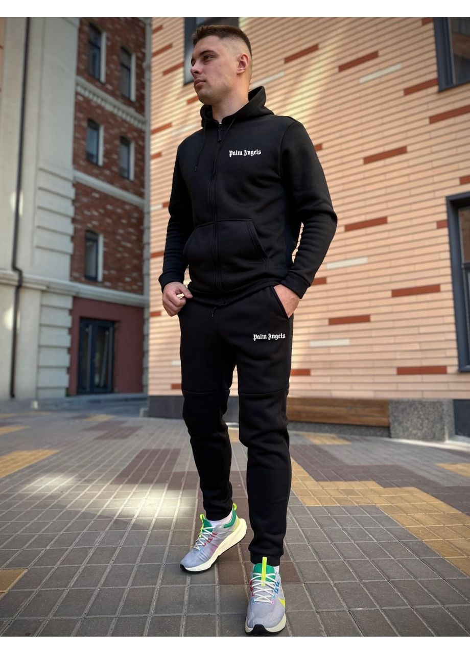 Зимовий спортивний костюм з начосом чорна кофта на змійці + чорні штани Luna (349723094)