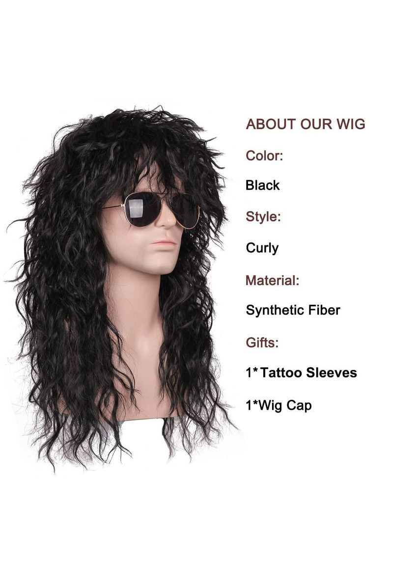 Перука чорна кучерява довга в стилі ретро рок зірки 80-х 90-х, з тату рукавами, для косплею вечірок зміни образу Хелловіну No Brand (366422034)