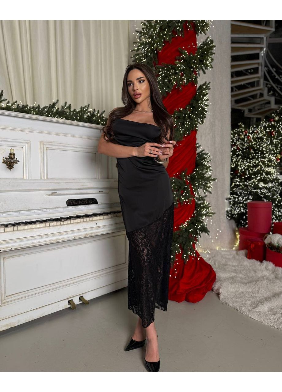 Черное вечернее женское шелковое платье-комбинация с кружевом KaraMix однотонное