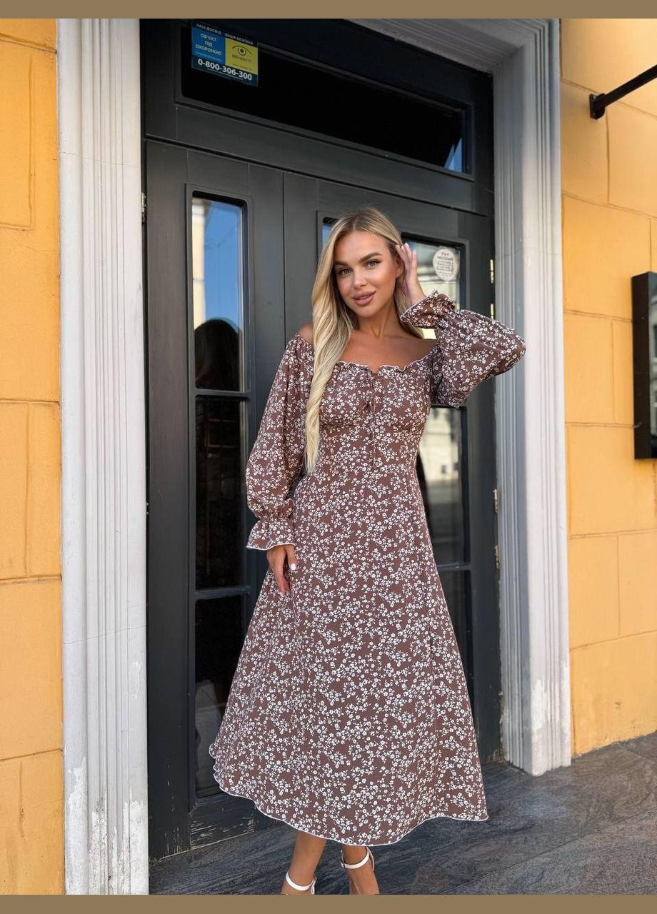 Кофейное универсальное платье меди кофейного цвета 33767 а-силуэт Fashion с цветочным принтом