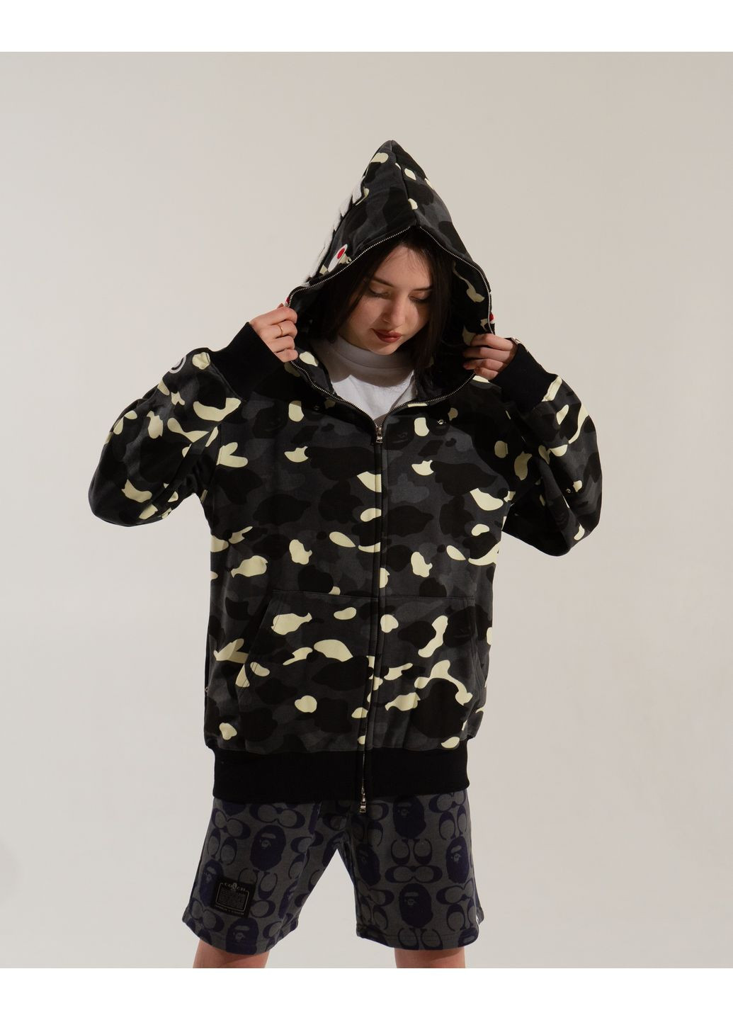 Худи чёрный Bape A Bathing Ape Shark White City Camo Full Zip Hoodie Mens (356677669)