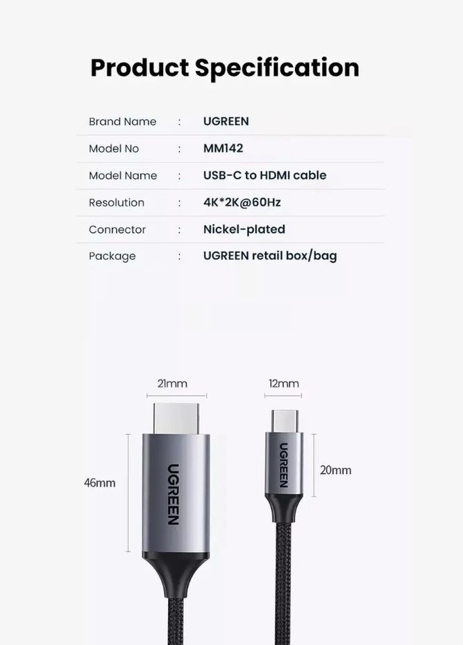 Кабель USB Type-C to HDMI 4K MM142 1м Перехідник Ultra HD (4K@60Hz; 1080P@144Hz) Aluminium Black (25155) Ugreen (341325803)