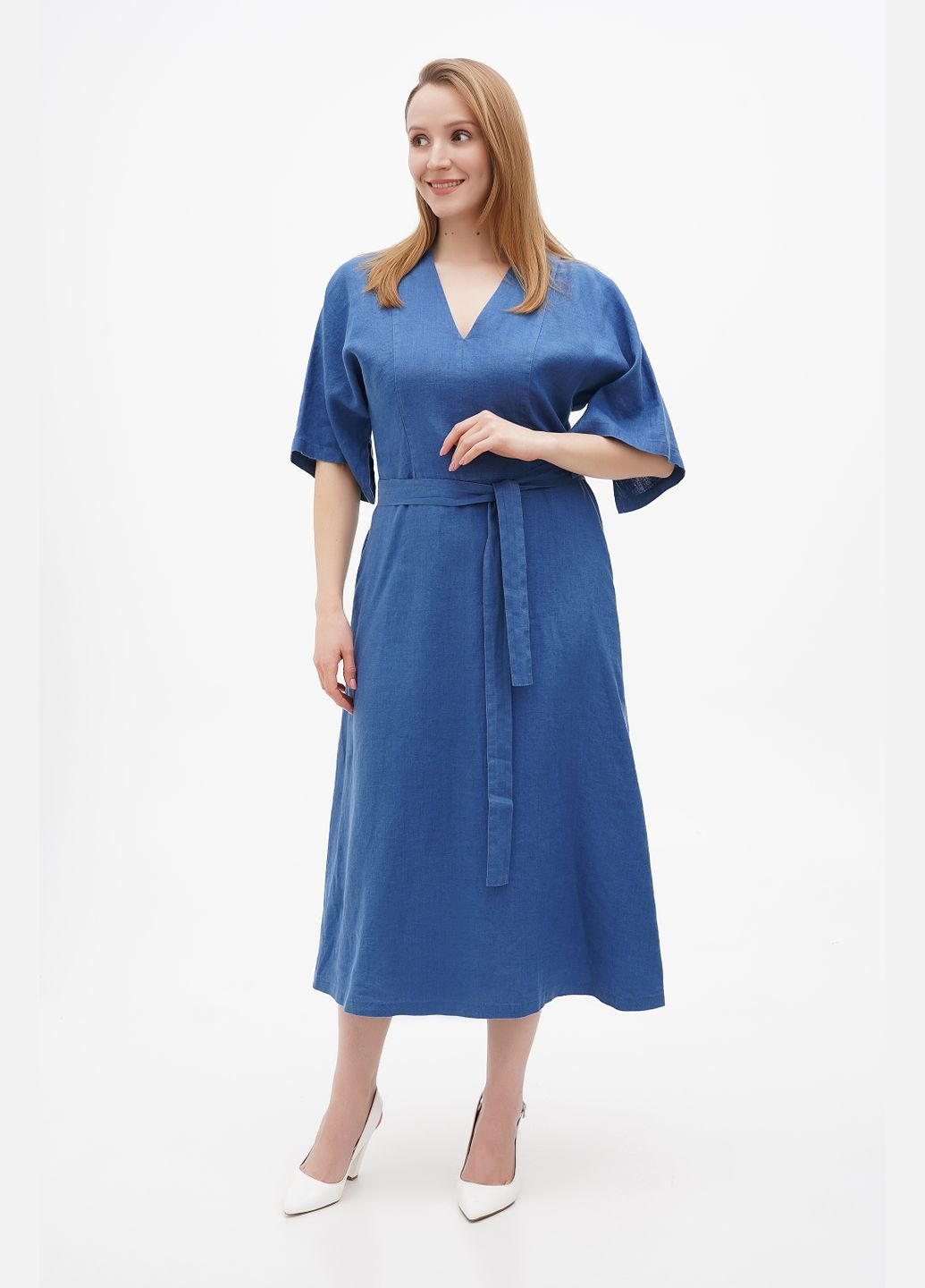 Синя лляна довга сукня бохо з трикутним вирізом та рукавом кімоно під пояс ронда., р., код 0311/52/1788 ГАЛЕРЕЯ ЛЬОНУ