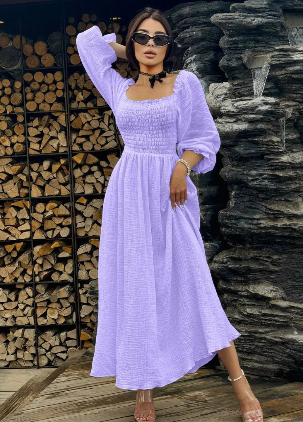 Бузкова повсякденний вишукана легка літня максі сукня з довгими рукавами ліхтарик Tik-Tak однотонна