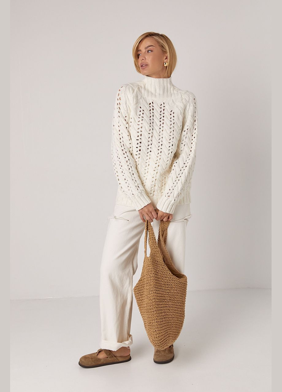 Молочний демісезонний в'язаний жіночий светр з ажурними візерунками - блакитний колір, l (sku_225) No Brand