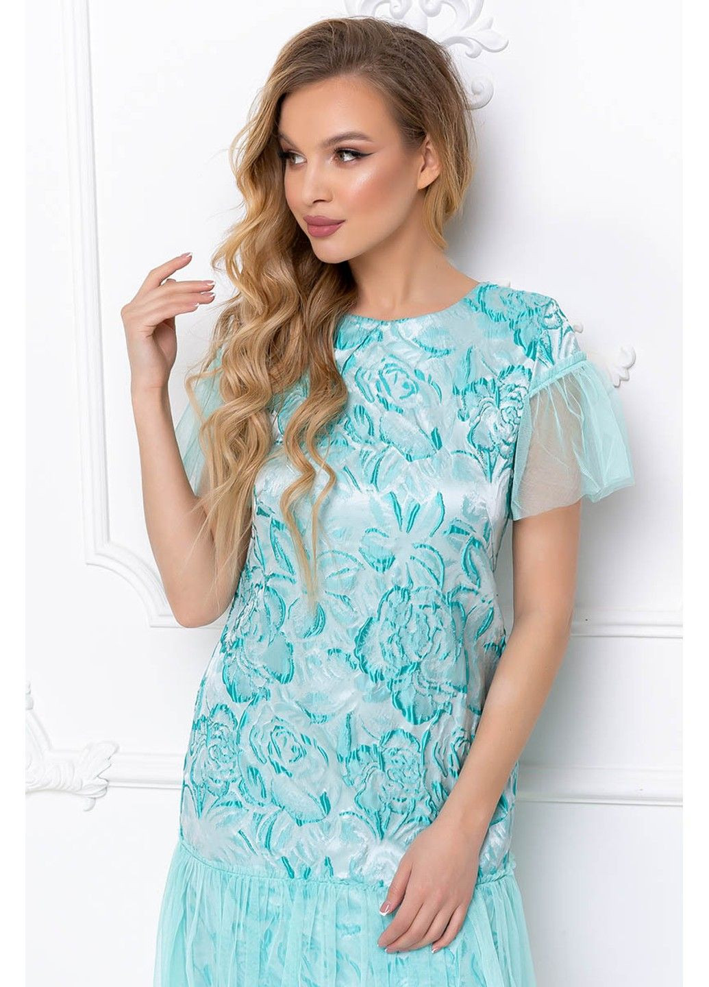 Бирюзовое коктейльное платье жаккард парча 8074 мята Tanita-Romario
