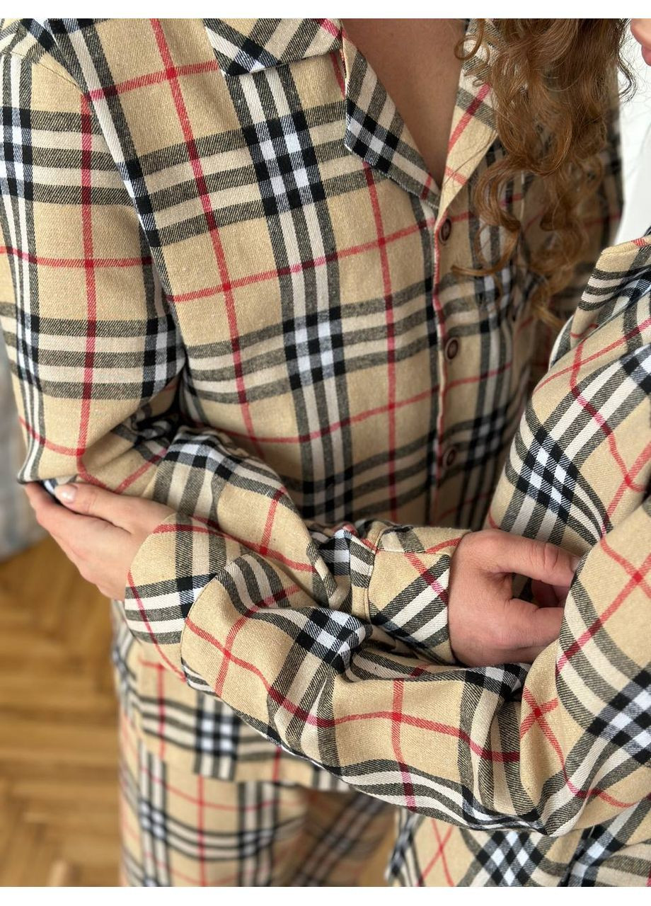 Бежевая пижама женская фланель в клетку. парные пижамы в клетку. No Brand