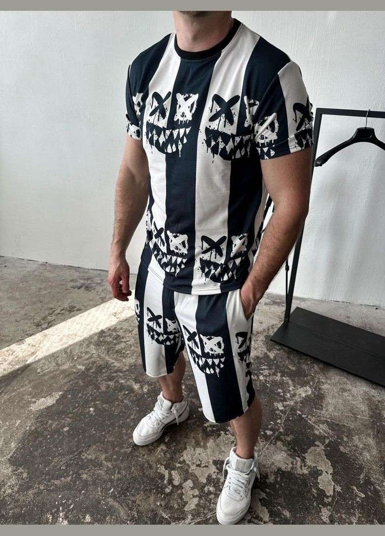 Черно-белый мужской летний стильный спортивный костюм-двойка с трендовым дизайном. No Brand (370964655)