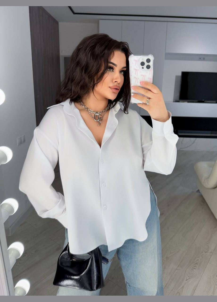 Белая кэжуал рубашка однотонная No Brand с длинным рукавом