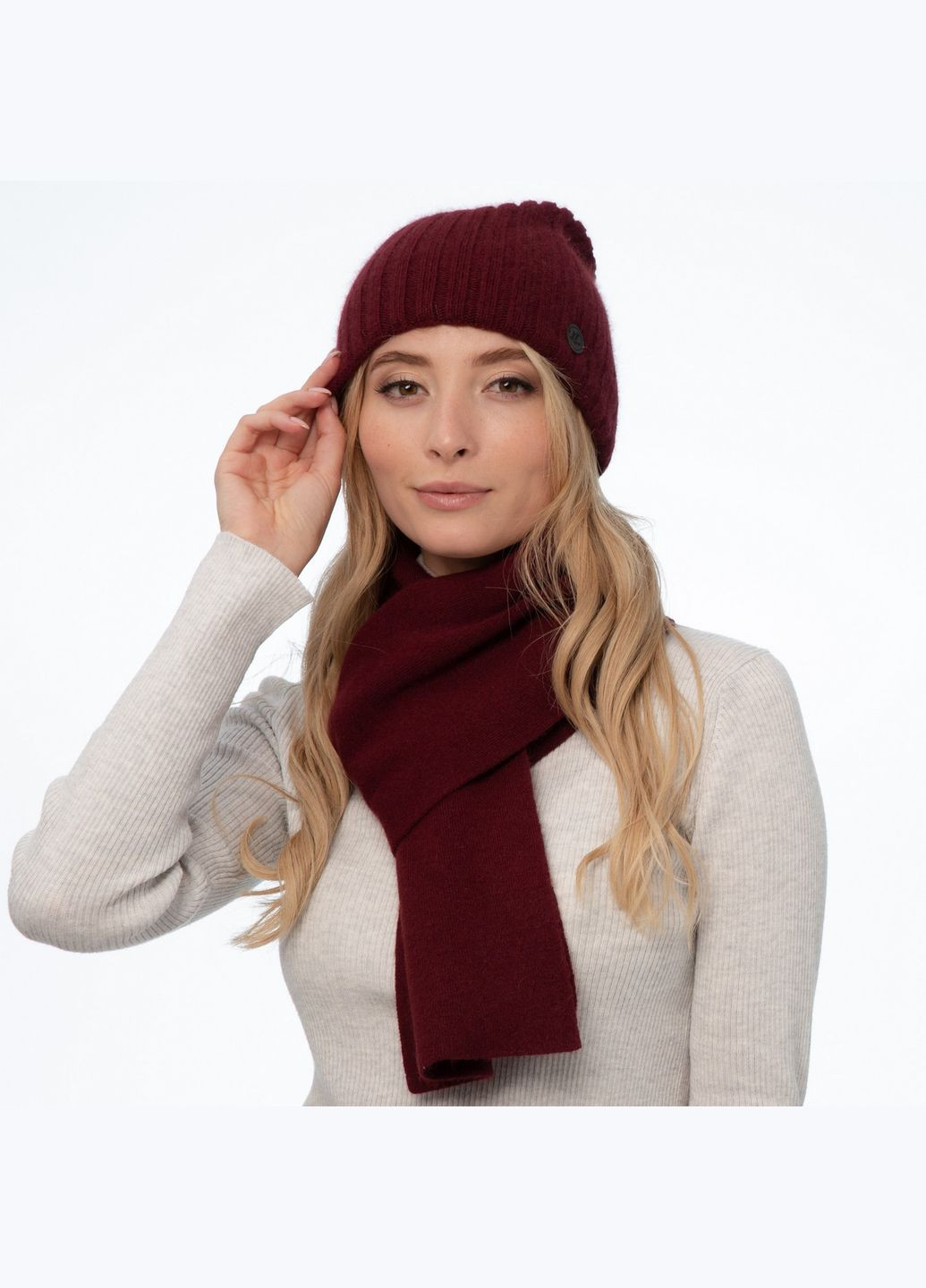 Набор шапка колпак + шарф женский шерсть бордовый LIORA LuckyLOOK 237-223 (289359579)