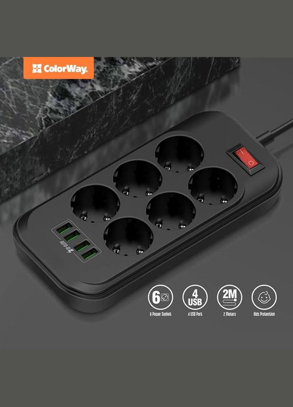 Фільтр живлення СolorWay (CW-CHE64B) 6 розеток, 4xUSB, 2м, Black Colorway (336960081)