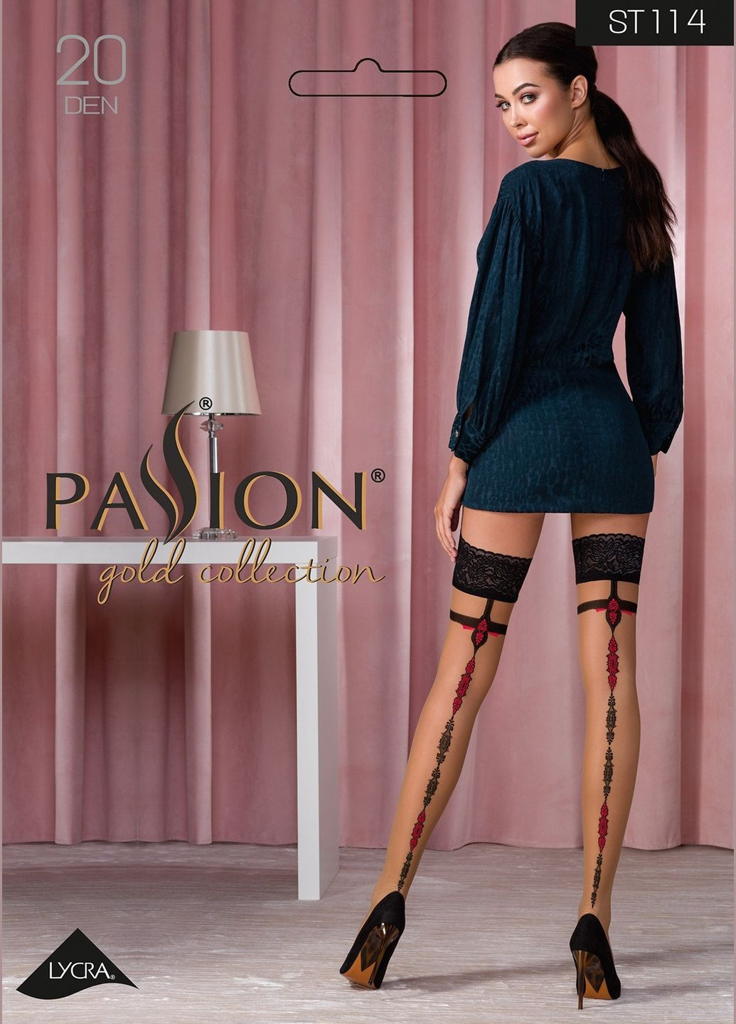 Мереживні панчохи ST114 бежеві з чорно-червоним візерунком, (20 den) - Passion (298919398)