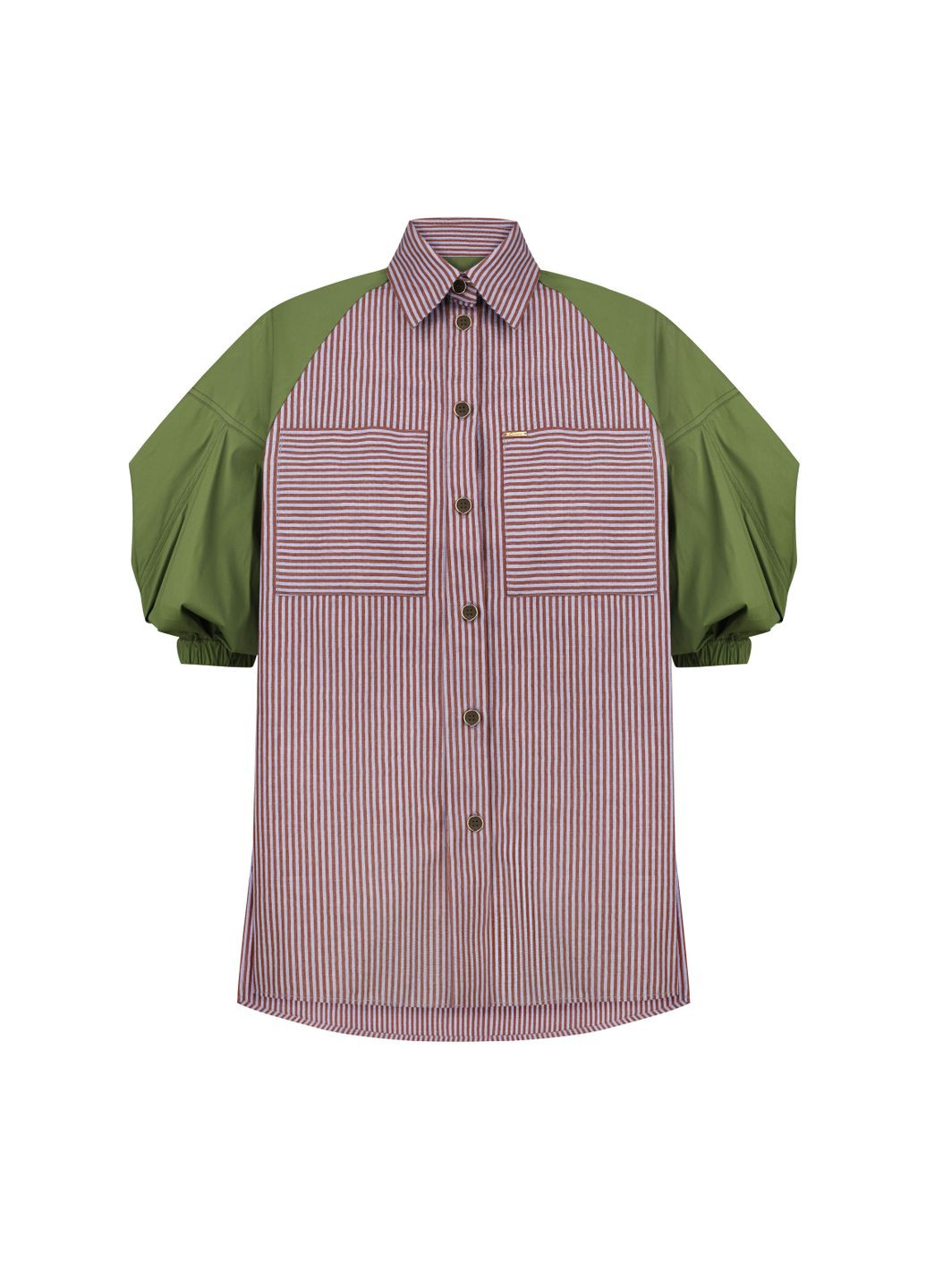 Сіро-зелена бавовняна смугаста сорочка з пишним фактурним рукавом емі Dolcedonna