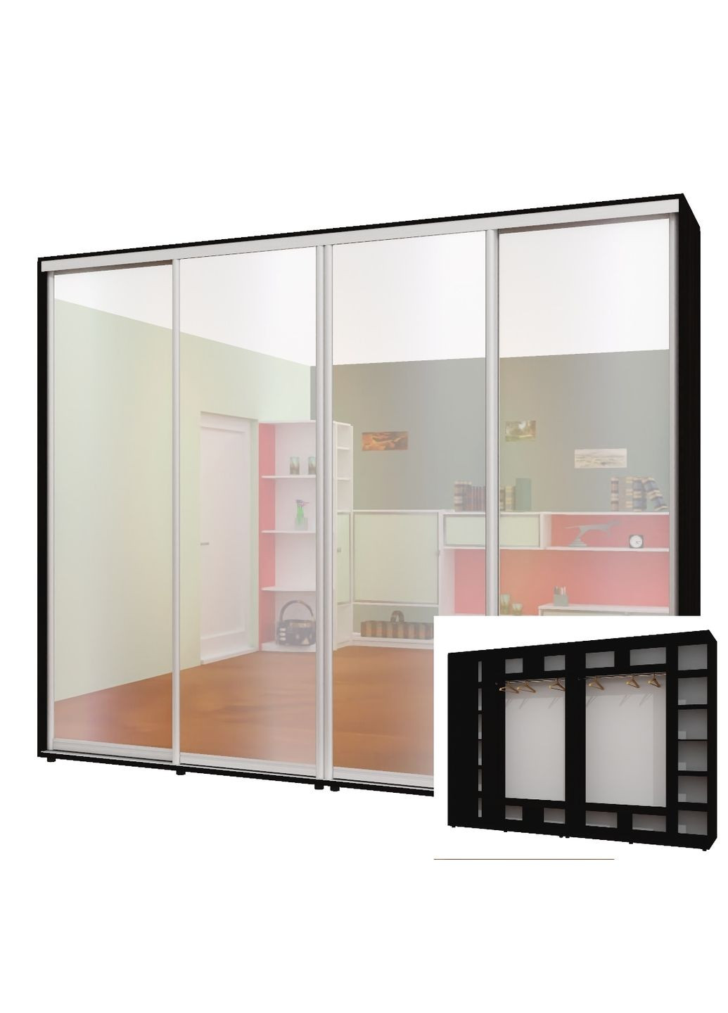 Шафа-купе чотиридверна 300*60*250 см Антрацит 4 двері Дзеркало ШК-02 Алекса (360434975)