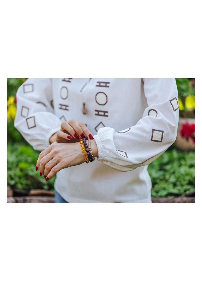 Молочная молочная блузка с геометрической вышивкой для женщин в спокойных бежево-коричневых тонах, l лен (301046917)