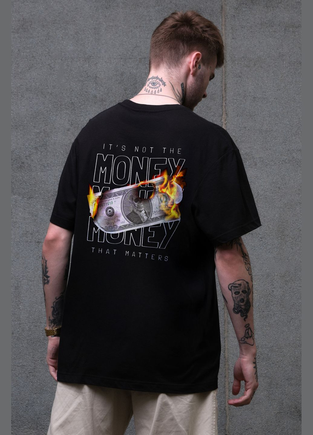 Чорна чоловіча оверсайз футболка з принтом fire з довгим рукавом Without