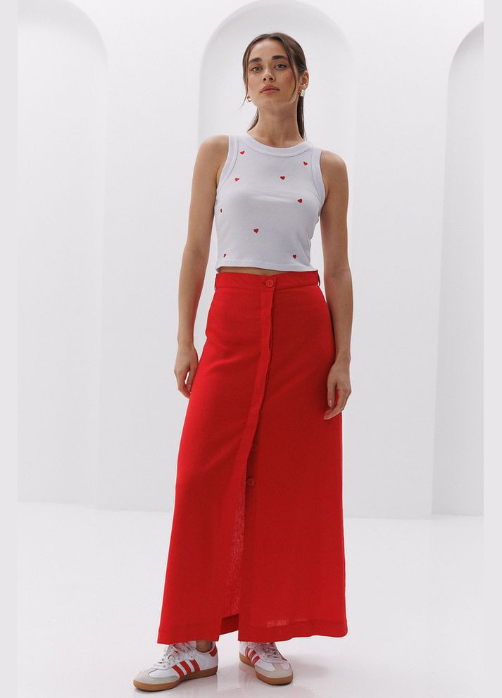 Красная длинная льняная юбка с пуговицами спереди Arjen