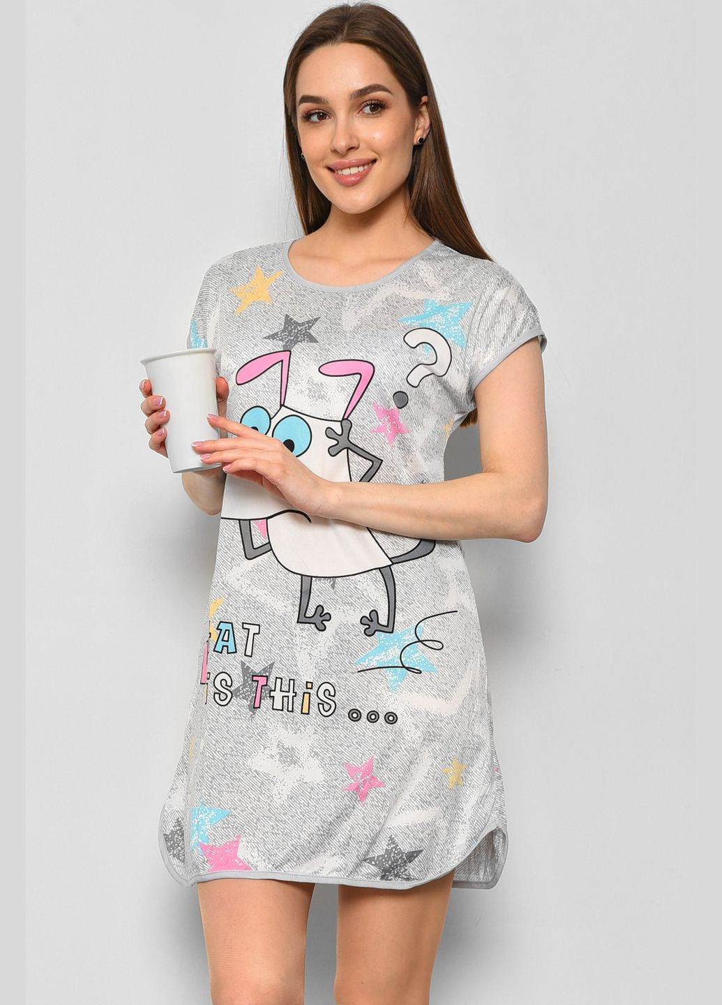 Нічна сорочка жіноча сірого кольору з малюнком Let's Shop (290839482)