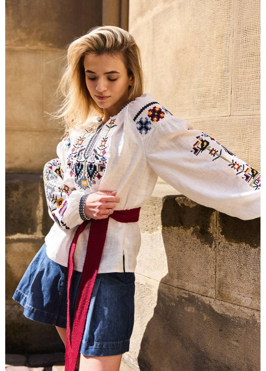 Белая женская вышиванка дерево рода со стильным орнаментом, 100% лен, цветная вышивка гладью, s-xl MOTYV узор орнамент лен (366239453)