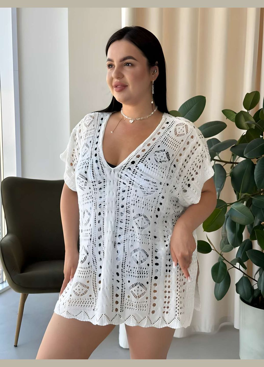 Женская летняя укороченная короткая пляжная туника накидка ажурная синяя хл 2хл 3хл Україна (345557385)