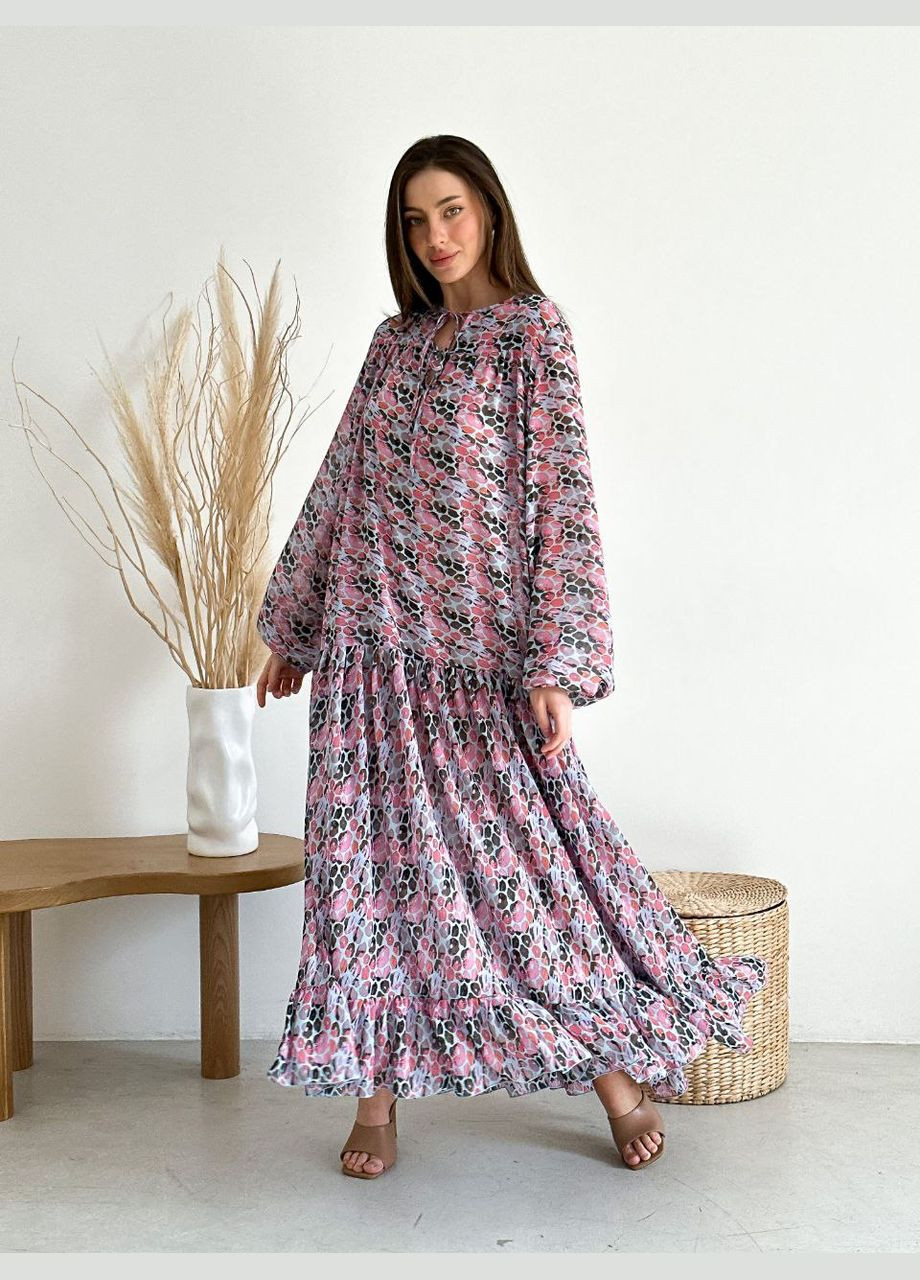 Бузкова шикарне літнє плаття-максі з турецького шифону ідеального крою, легке плаття з довгим рукавом, красивий бузковий принт No Brand