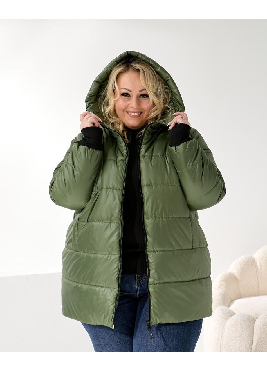 Оливкове (хакі) зимнє Жіноче утеплене пальто з капюшоном, оверсайз No Brand