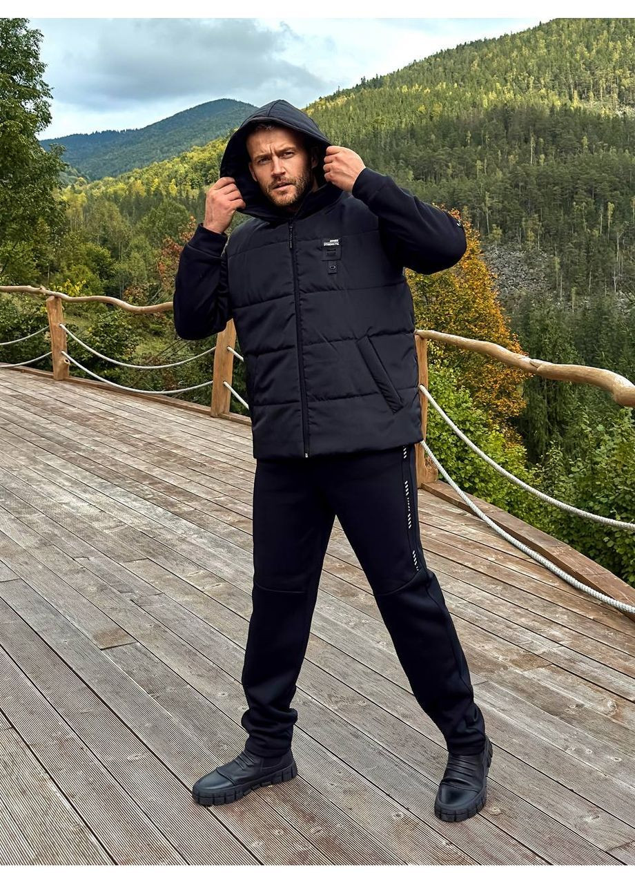 Чорний демісезонний костюм теплий трійка жилет плащівка канада,синтепон 150,штани та світшот трьохнитка на флісі Україна