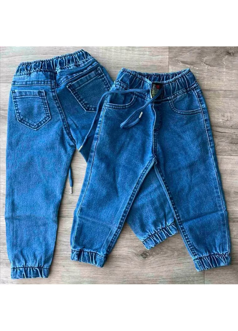Синие демисезонные детские джинсы для мальчика на манжетах с резинкой и шнурком No Brand