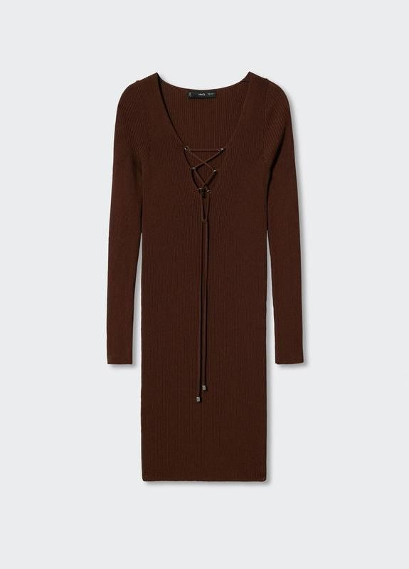 Коричневое платье в рубчик по фигуре в обтяжку мини платье с тонкой завязкой Mango