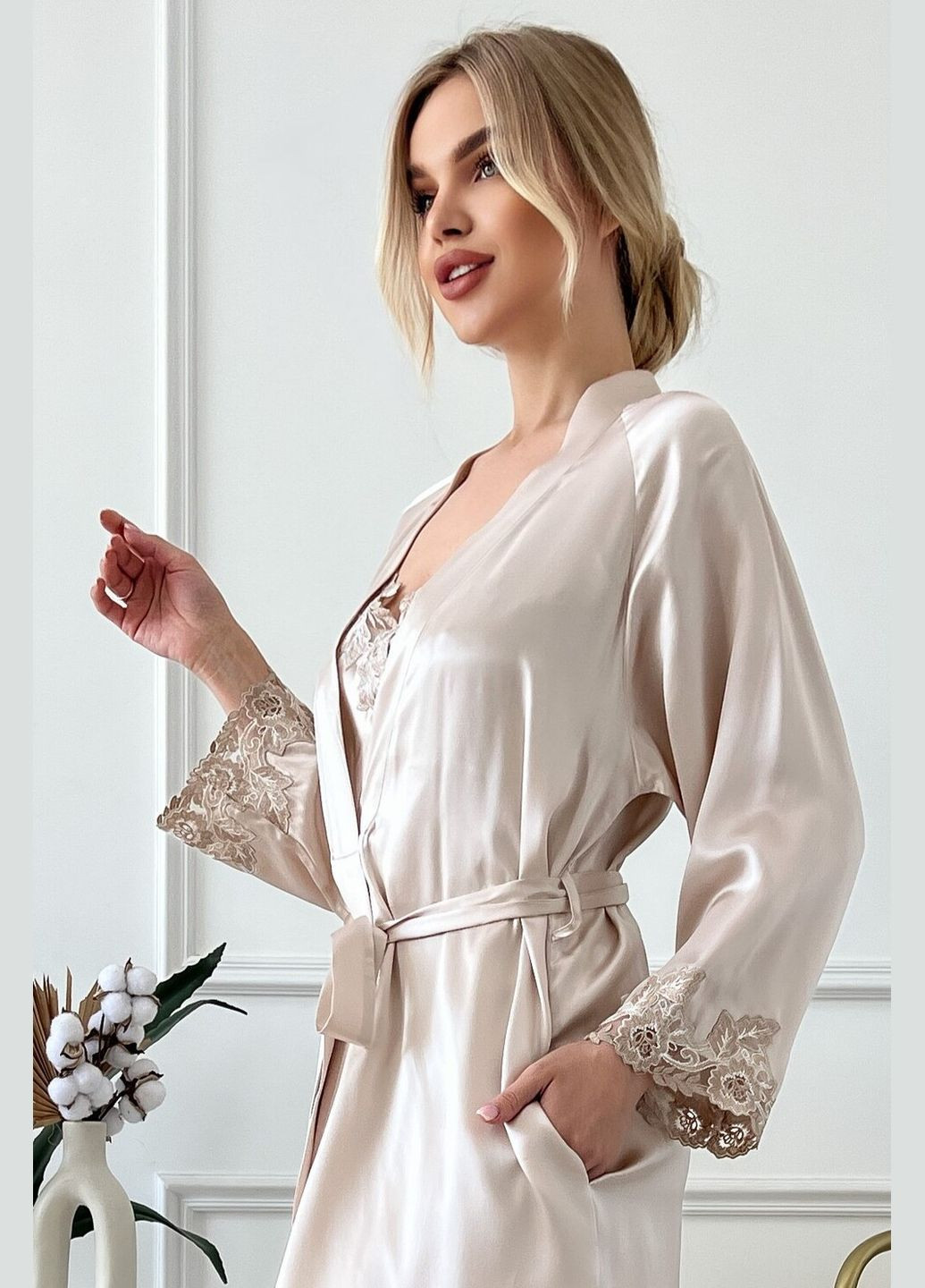 Комплект халат и рубашка комбинация шелк Торонто L Бежевый Silk Kiss (285716616)