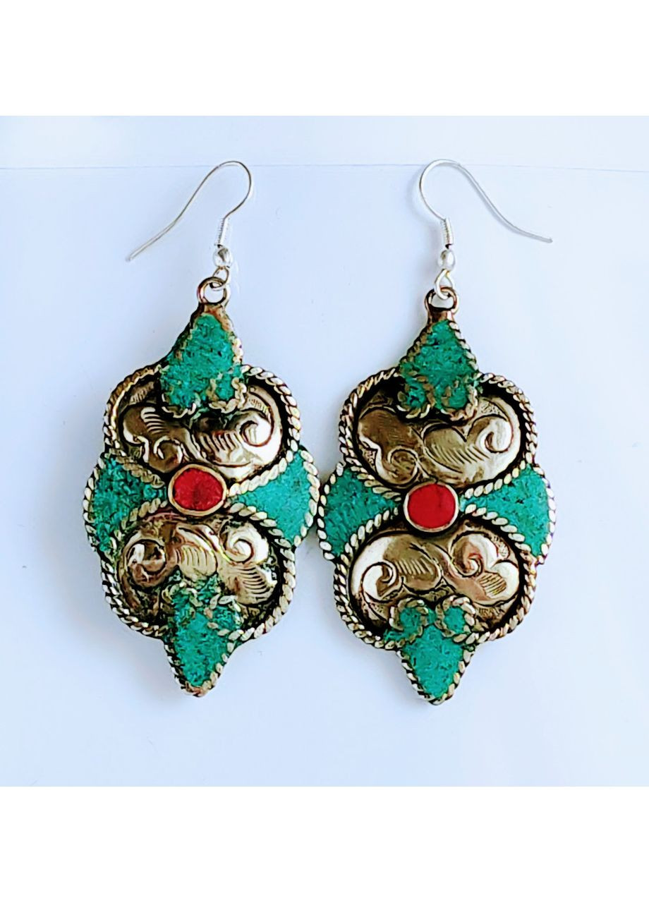 Непальські сережки етнічні з бірюзою і коралом в стилі бохо No Brand (366871688)