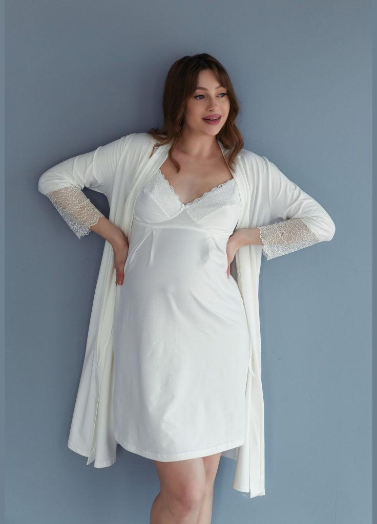 Ніжна нічна сорочка для вагітних та годуючих на бретелях молочна Мамин Дім (300531987)