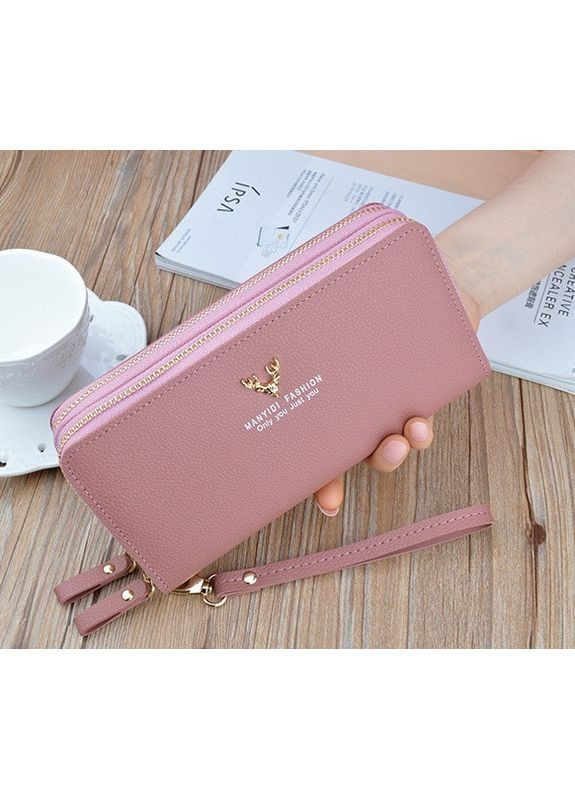 Жіночий клатч-гаманець на 2 відділи з ручкою з екошкіри модний місткий рожевий No Brand (351536516)