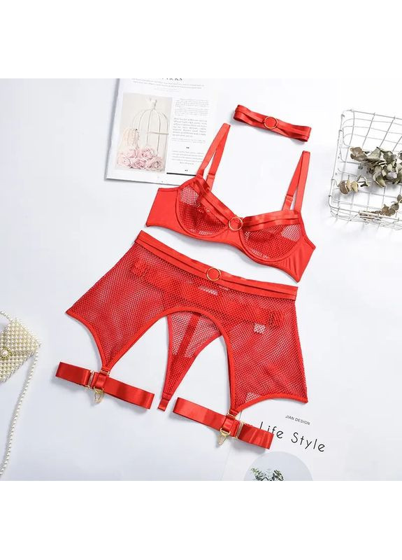 Червоний демісезонний мереживний комплект с поясом. гарний комплект, мереживна сексуальна спідня білизна, комплект білизна з гартерами, жіноча білизна No Brand