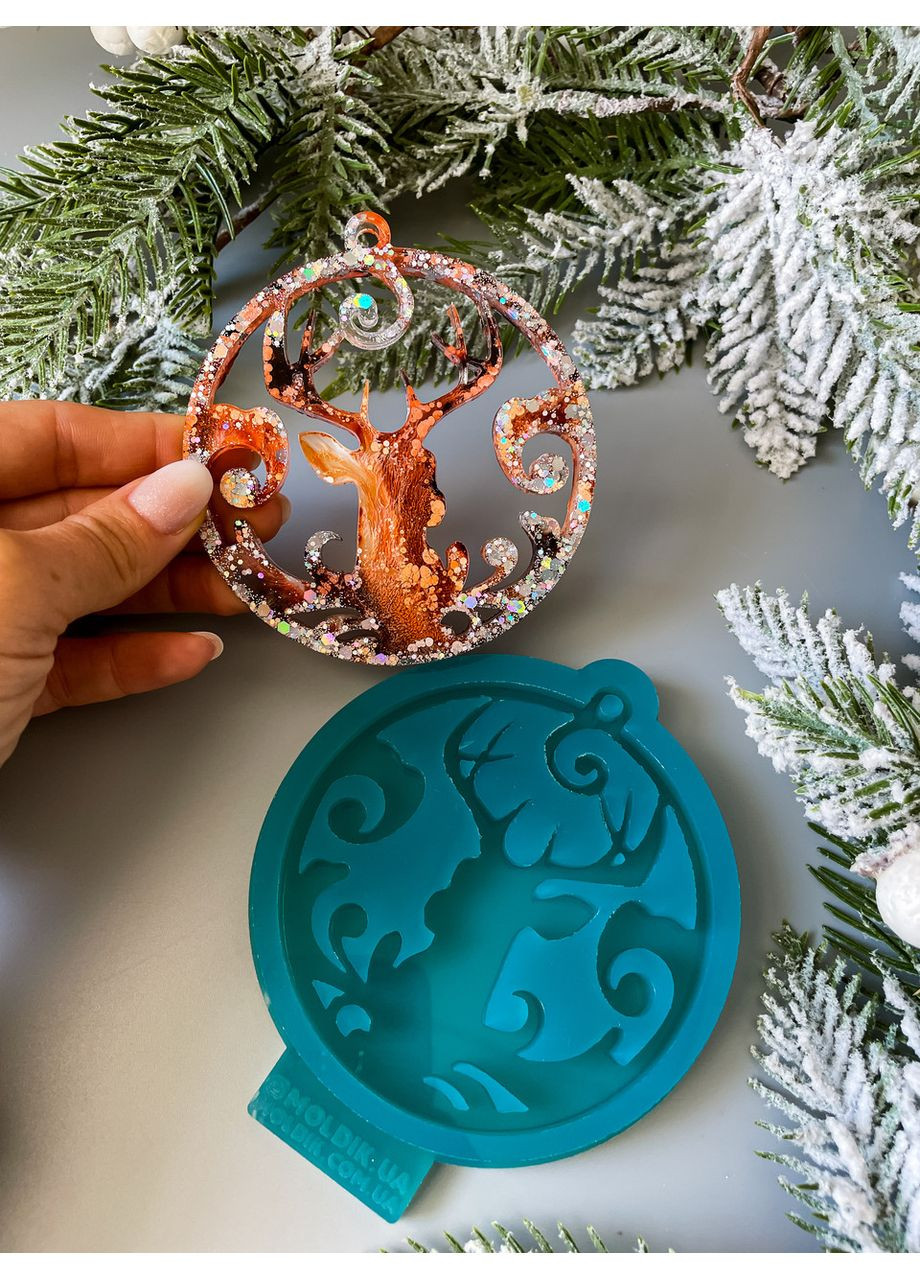 Молд голова оленя в колі з вензелями для новорічних іграшок на ялинку силіконова форма для епоксидної смоли No Brand (370567037)