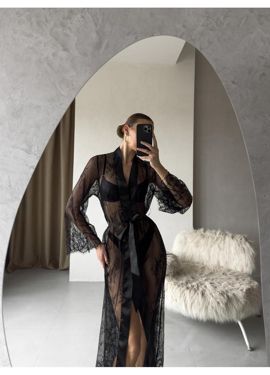 Халат кружевной с атласным поясом. Халат женский кружевной черного цвета с длинными рукавами. No Brand (366571740)