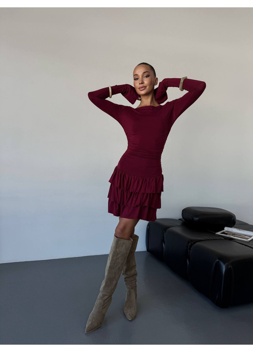 Бордовое праздничный, кэжуал женское платье мини Style Point однотонное