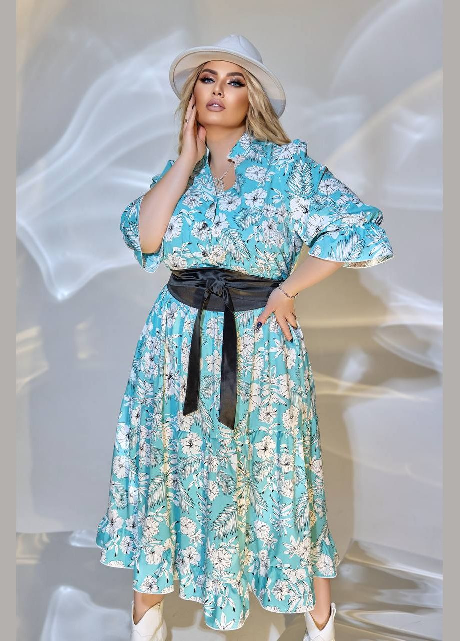 Бирюзовое кэжуал женское платье софт No Brand с цветочным принтом