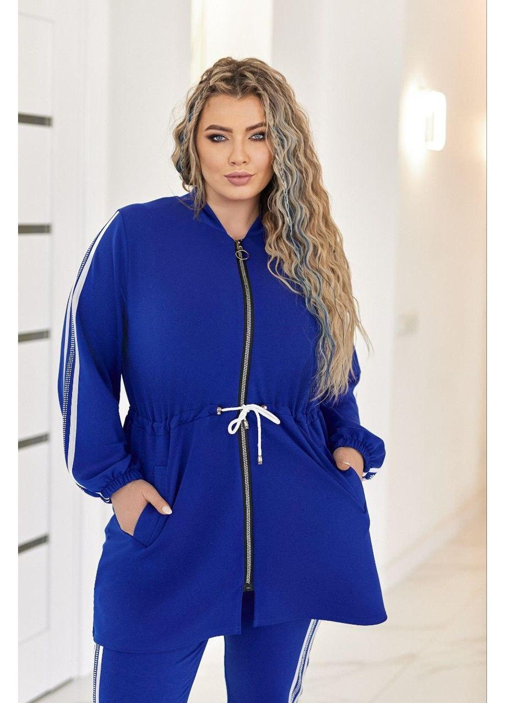 Костюм " Лампаси " кардиган + штани мод ВДЖВ-323 (ал-коз) Електрик + білий розмір 56-58 No Brand (355469510)