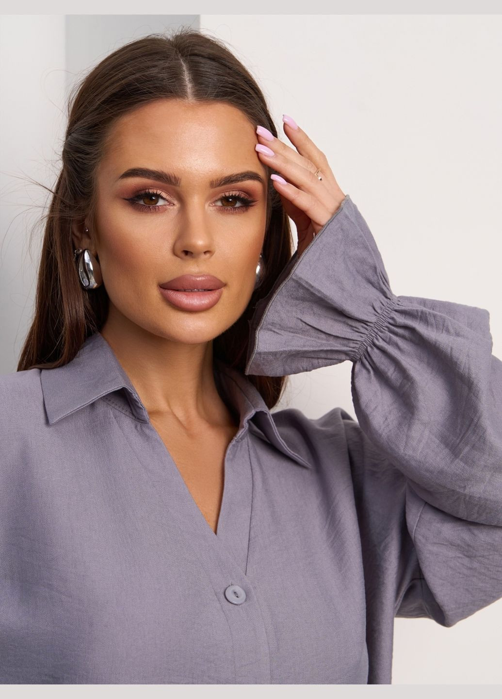 Серая праздничный, коктейльный, классическая, повседневный, кэжуал, вечерний рубашка No Brand с длинным рукавом