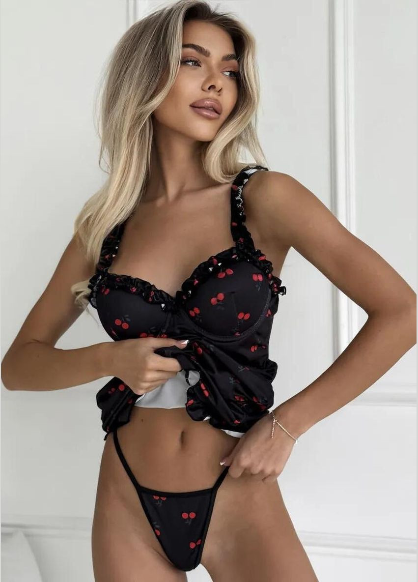 Жіночий спокусливий короткий пеньюар з принтом вишні літня ніжна сорочка з регульованими бретелями трусики в комплекті Cindylove (335413796)
