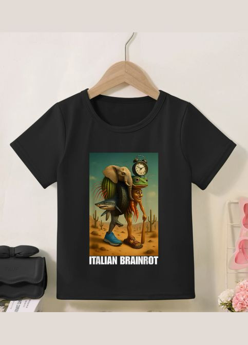 Чорна футболка з коротким рукавом на хлопчика італійські тварини мем No Brand