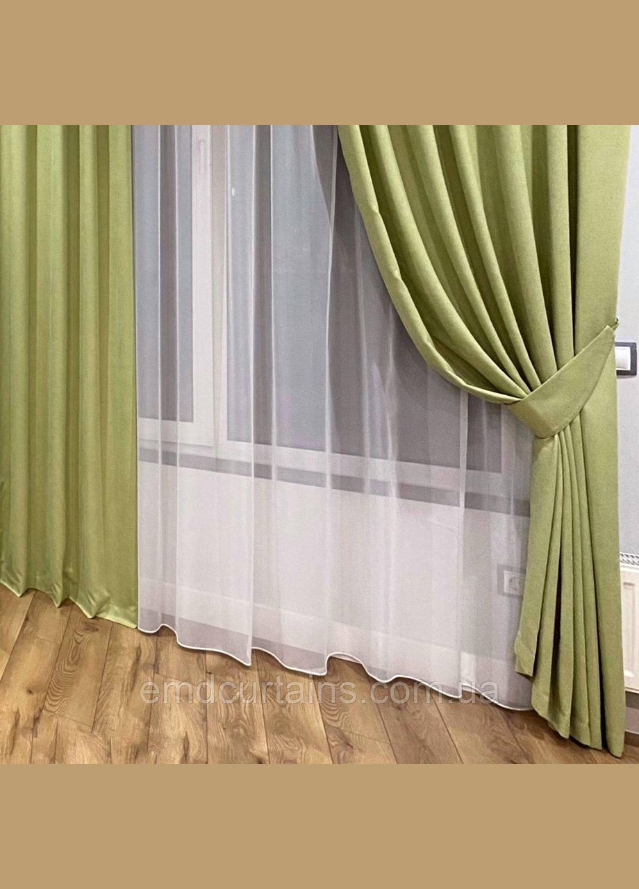 Комплект шторы на тесьме 2 шт с подхватами 250х250 см микровелюр Светло-зеленый, вуаль 750 см Белый No Brand (337358162)