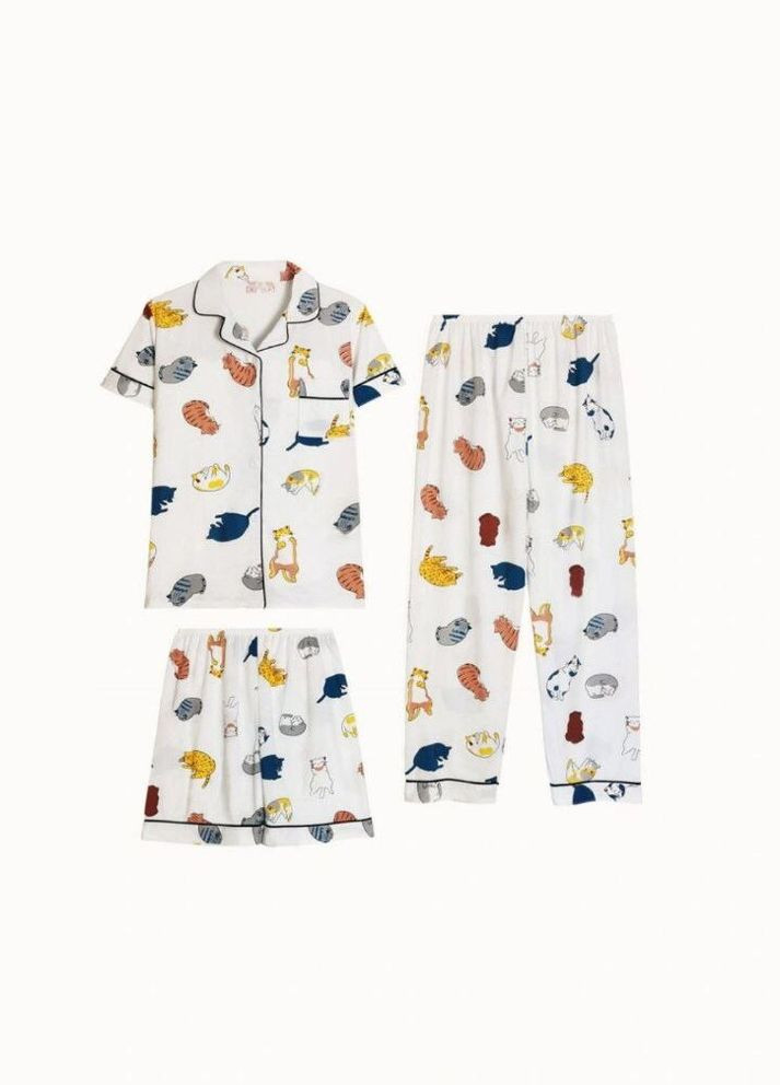 Белая всесезон женская пижама тройка домашний комплект 3 в 1 с принтом котиков стильный комфортный набор рубашка + шорты + брюки рубашка + шорты + брюки Cindylove