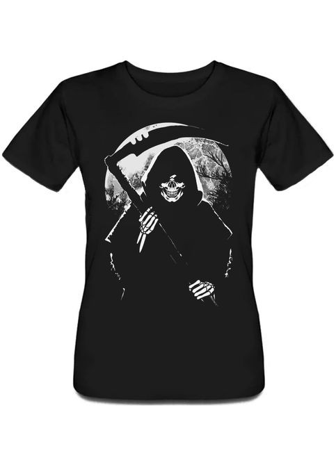 Черная летняя женская новогодняя футболка reaper moon (чёрная) Fat Cat