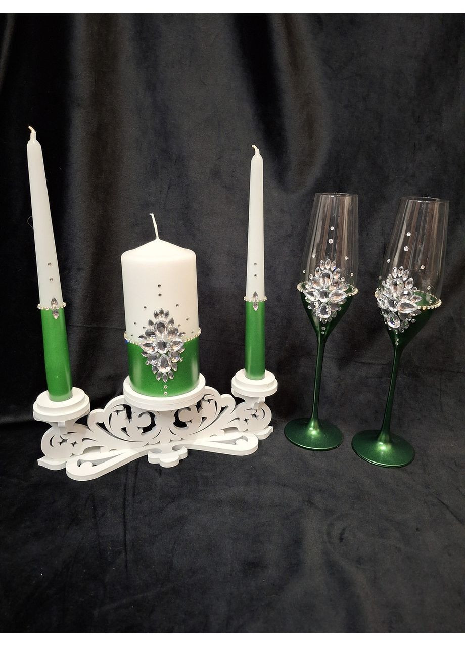Набір весільні келихи та свічки у смарагдовому кольорі та свічник. No Brand (367056243)